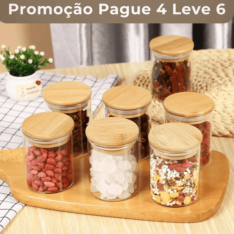 Kit Potes de Vidro com Tampa em Bambu (200ml) Casa Splêndida [Pague 4 Leve 6] - One ProMix 